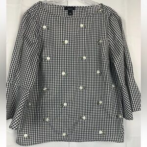 Alyx Womens Black White Plaid Embroidered Flowers Blouse 3/4 Sleeves XL